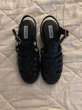 Steve Madden Black Woven Slingback Sandals with Ankle Buckle
